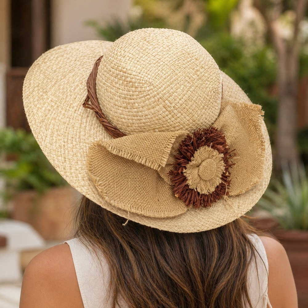 Caribbean Joe Women's Wide Brim Straw Hat Burlap Flower Detail One Size